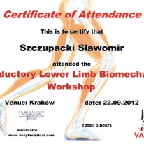 Certificate Vasyli Medical - Introductory Lower Limb Biomechanics Workshop – wrzesień 2012
