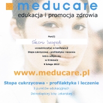 Certyfikat meducare – uczestnictwo w Konferencji Naukowej stopa cukrzycowa profilaktyka i leczenie luty 2013