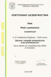 Certyfikat IPS – Obuwie i wkładki ortopedyczne – październik 2008