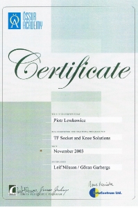 Certyfikat Ossur Academy – TF socet – zaopatrzenie protetyczne uda – listopad 2003