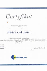 Certyfikat Ortocentrum – przeguby kolanowe Total Knee 1900, TK 2000 – zastosowanie i regulacja – styczeń 2005 