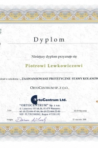 Certyfikat Ortocentrum – zaawansowane stawy protetyczne – styczeń 2008