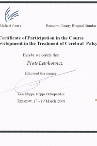 Certyfikat Kees Noppe, Noppe Orthopaeadics – zaopatrzenie ortotyczne w leczeniu Mózgowego Porażenia Dziecięcego - kurs podstawowy – luty 2006