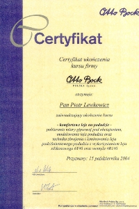 Certyfikat Otto Bock - wykonanie protezy podciśnieniowej podudzia z lejem silikonowym - październik 2004