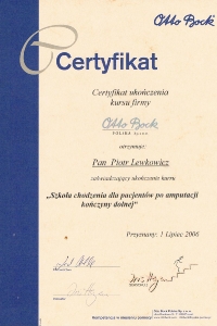 Certyfikat Otto Bock - Iris Heyen Enzensbergklinik Hopfen am See – szkoła chodzenia dla pacjentów po amputacji kończyny dolnej – lipiec 2006