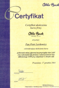 Certyfikat Otto Bock – wykonanie protezy uda metodą Sit-CAST – grudzień 2004