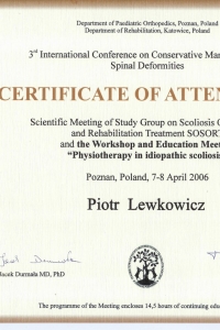 Certyfikat SOSORT (Society on Scoliosis Orthopaedic and Rehabilitation Treatment)- leczenia nieoperacyjnego skolioz idiopatycznych – zaopatrzenie ortotyczne – kwiecień 2006